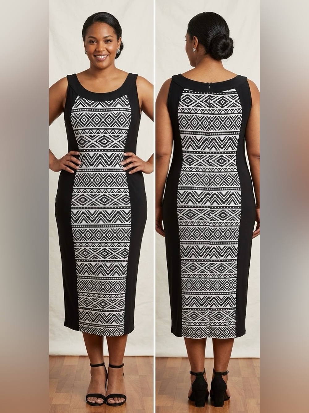 R&M Richards Black and White Geometric Midi Sheath Dress
